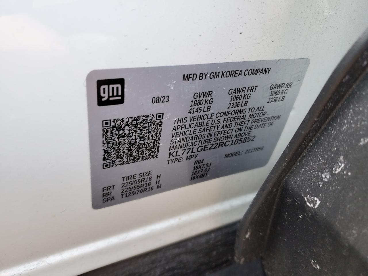 2024 CHEVROLET TRAX 1RS VIN:KL77LGE22RC105852