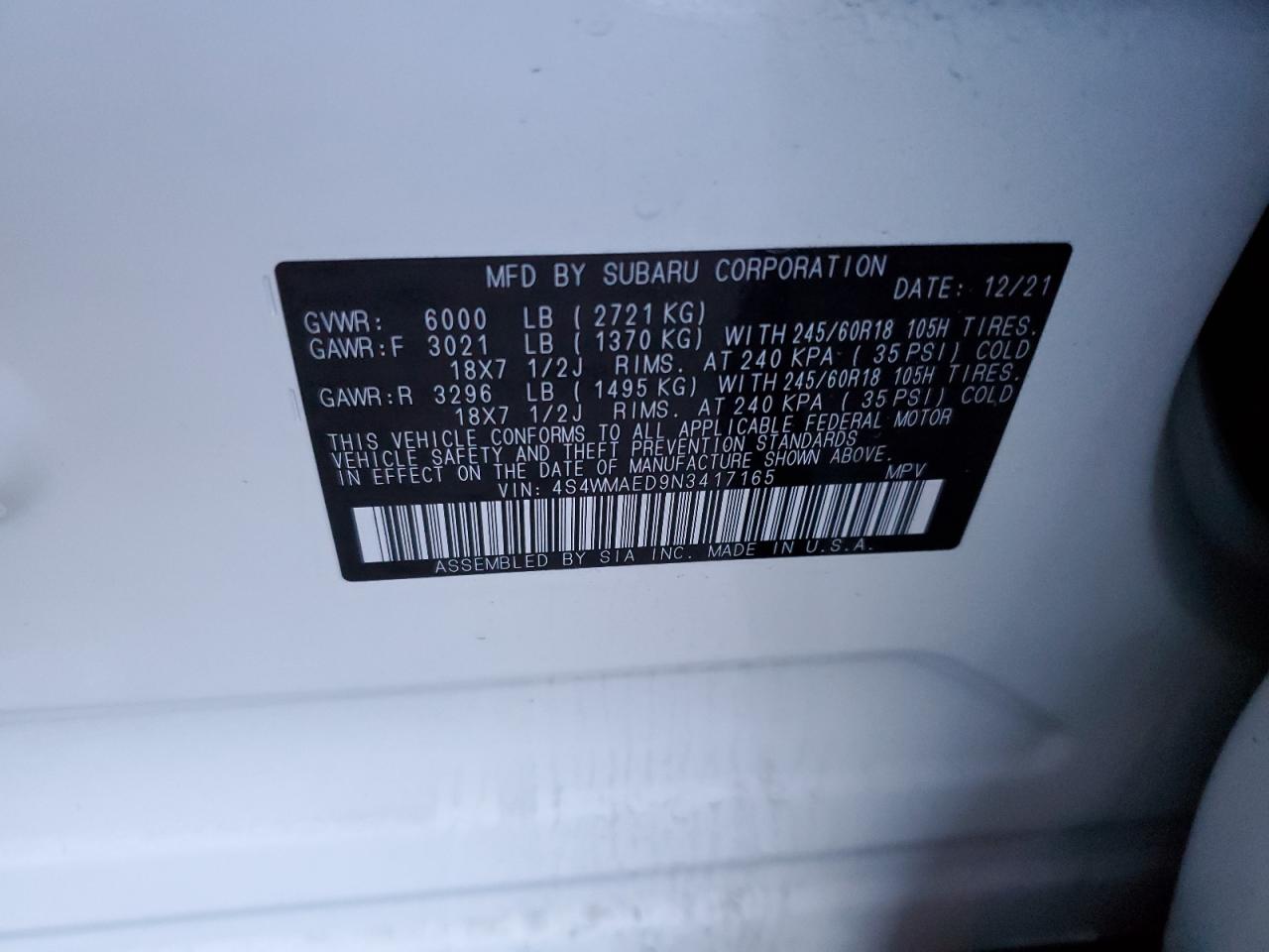 2022 SUBARU ASCENT PREMIUM VIN:4S4WMAED9N3417165