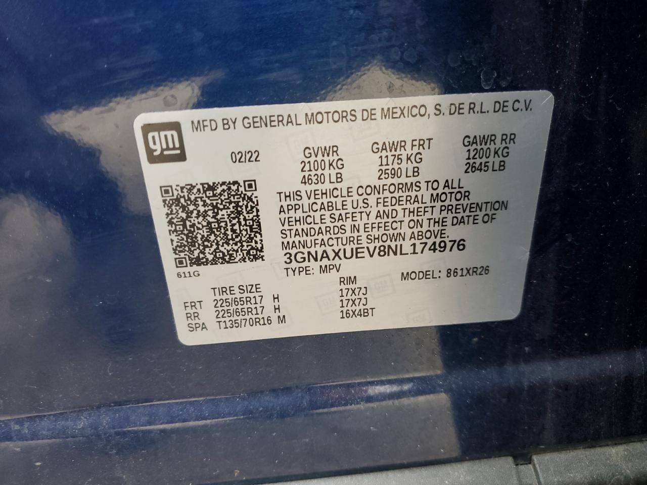 2022 CHEVROLET EQUINOX LT VIN:3GNAXUEV8NL174976