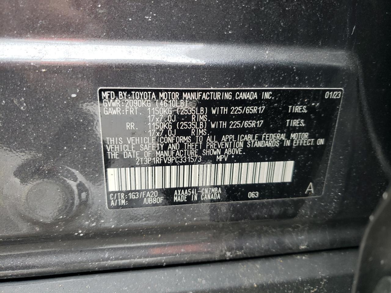 2023 TOYOTA RAV4 XLE VIN:2T3P1RFV9PC331573