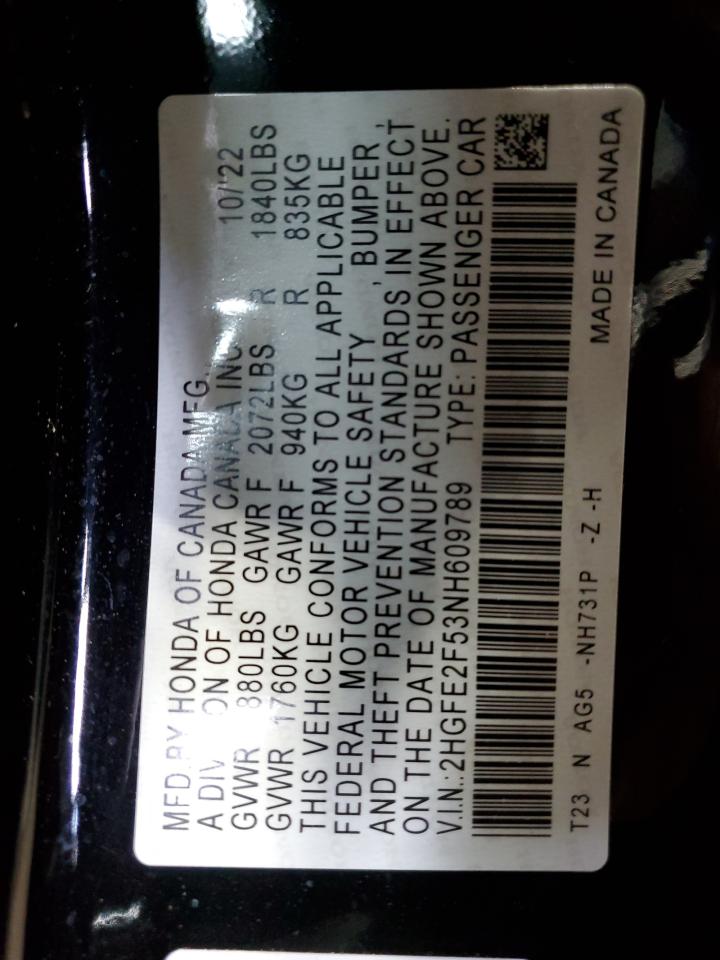 2022 HONDA CIVIC SPORT VIN:2HGFE2F53NH609789