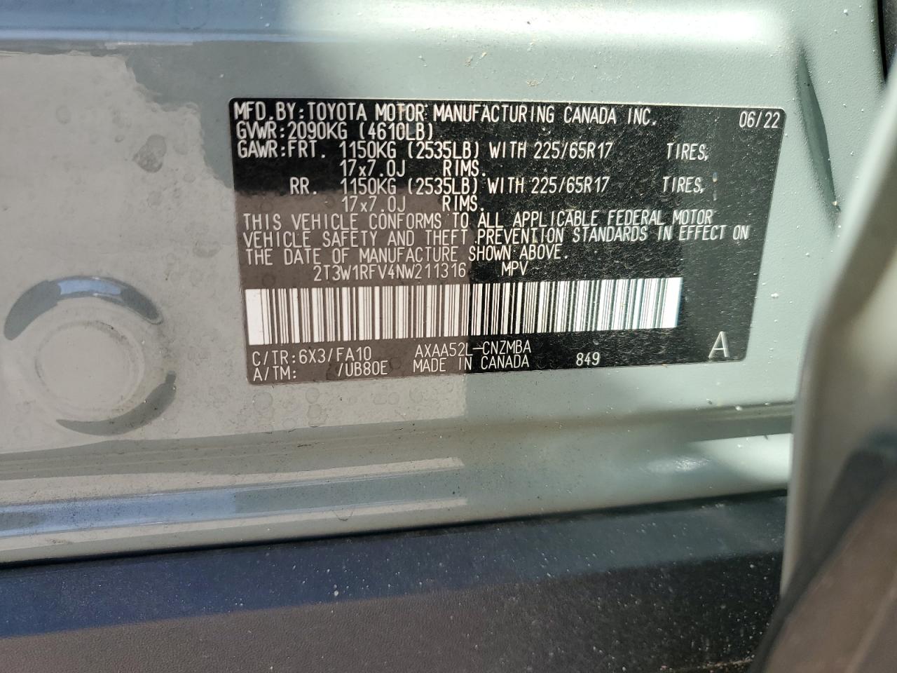 2022 TOYOTA RAV4 XLE VIN:2T3W1RFV4NW211316