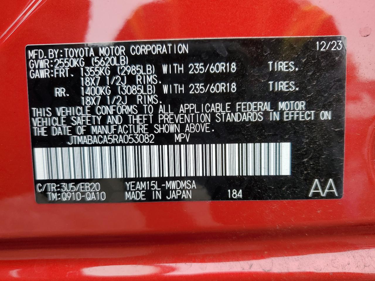 2024 TOYOTA BZ4X XLE VIN:JTMABACA5RA053082