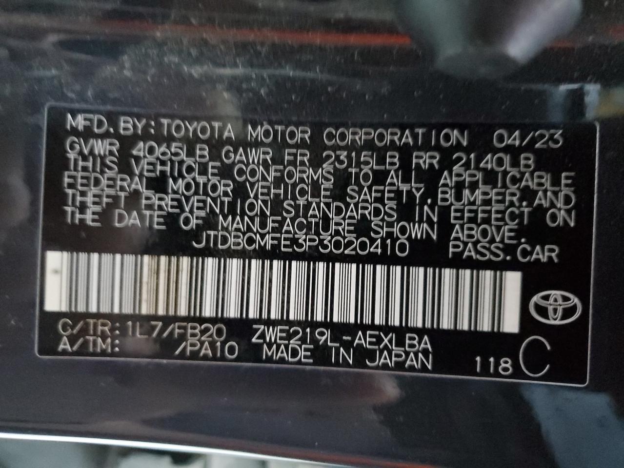 2023 TOYOTA COROLLA LE VIN:JTDBCMFE3P3020410