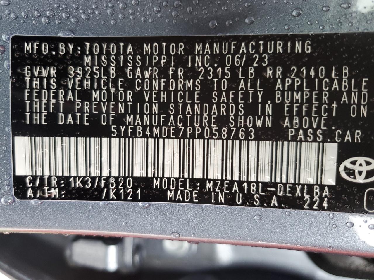 2023 TOYOTA COROLLA LE VIN:5YFB4MDE7PP058763