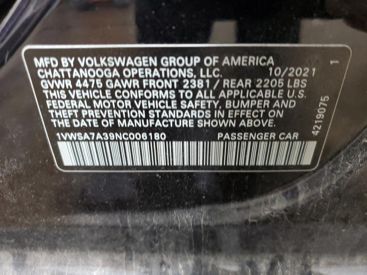 2022 VOLKSWAGEN PASSAT SE VIN:1VWSA7A39NC006180