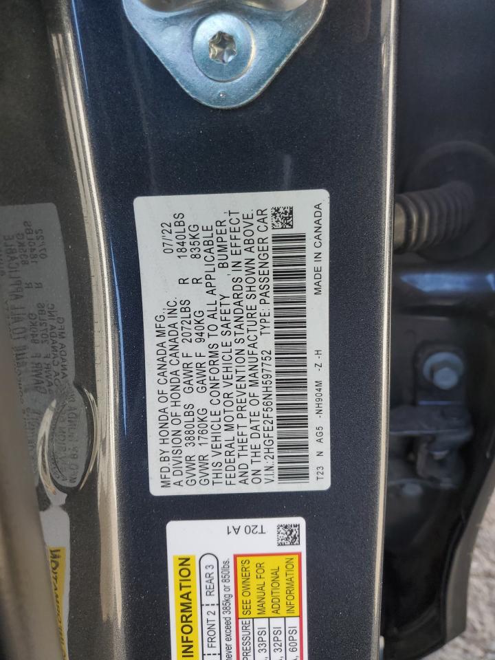 2022 HONDA CIVIC SPORT VIN:2HGFE2F56NH597752