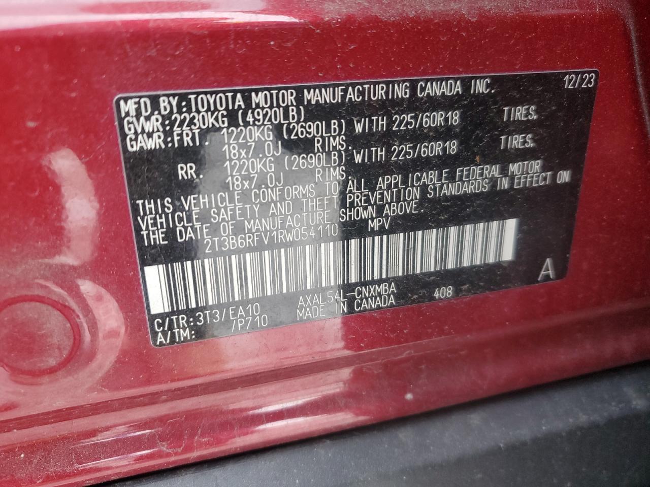 2024 TOYOTA RAV4 XLE PREMIUM VIN:2T3B6RFV1RW054110
