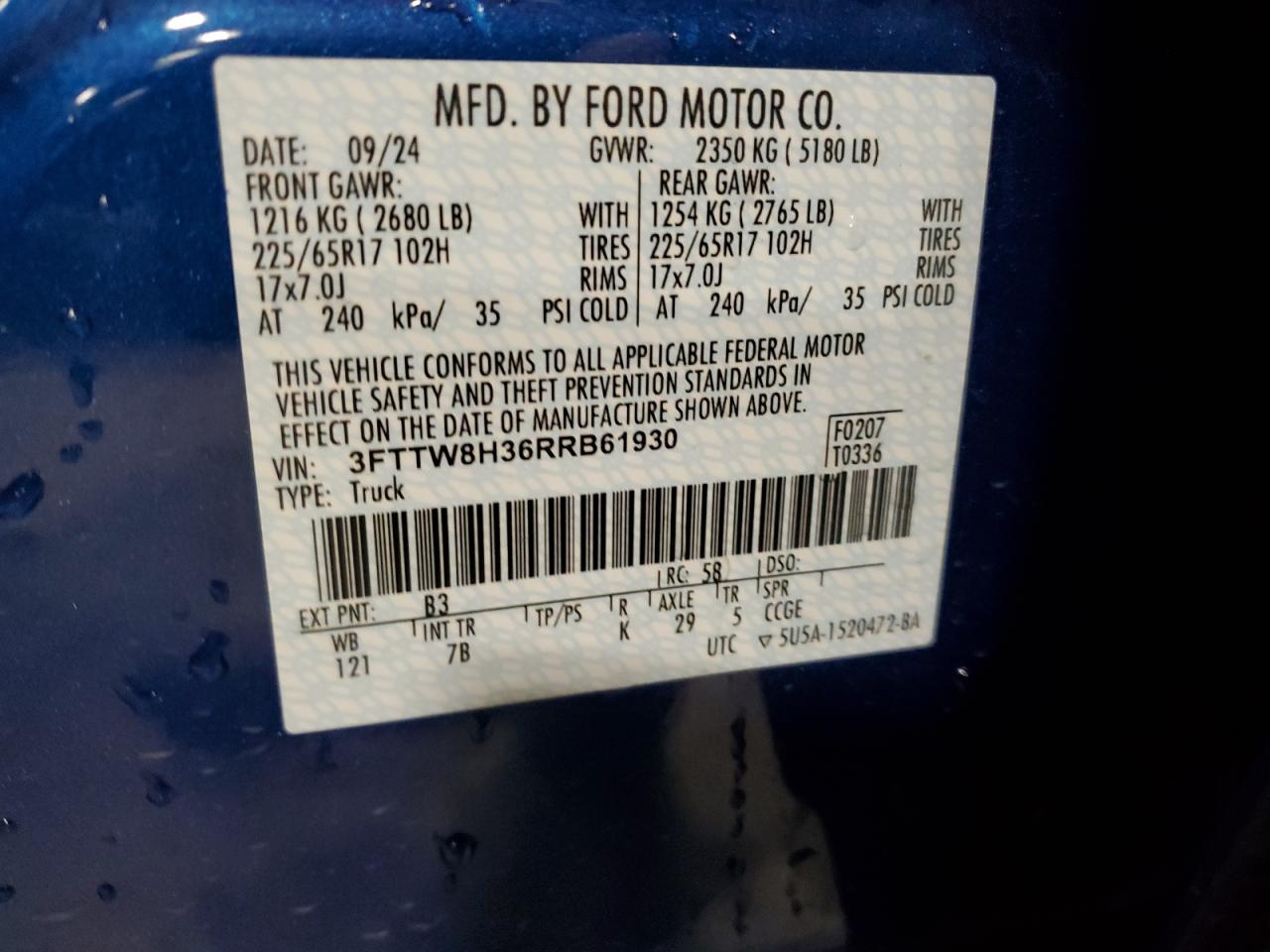 2024 FORD MAVERICK XLT VIN:3FTTW8H36RRB61930