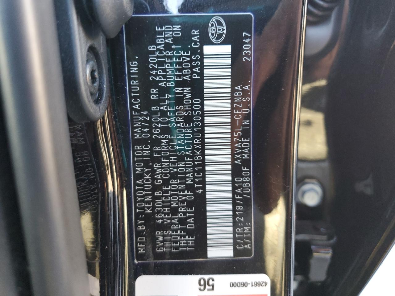 2024 TOYOTA CAMRY LE VIN:4T1C11BKXRU130500