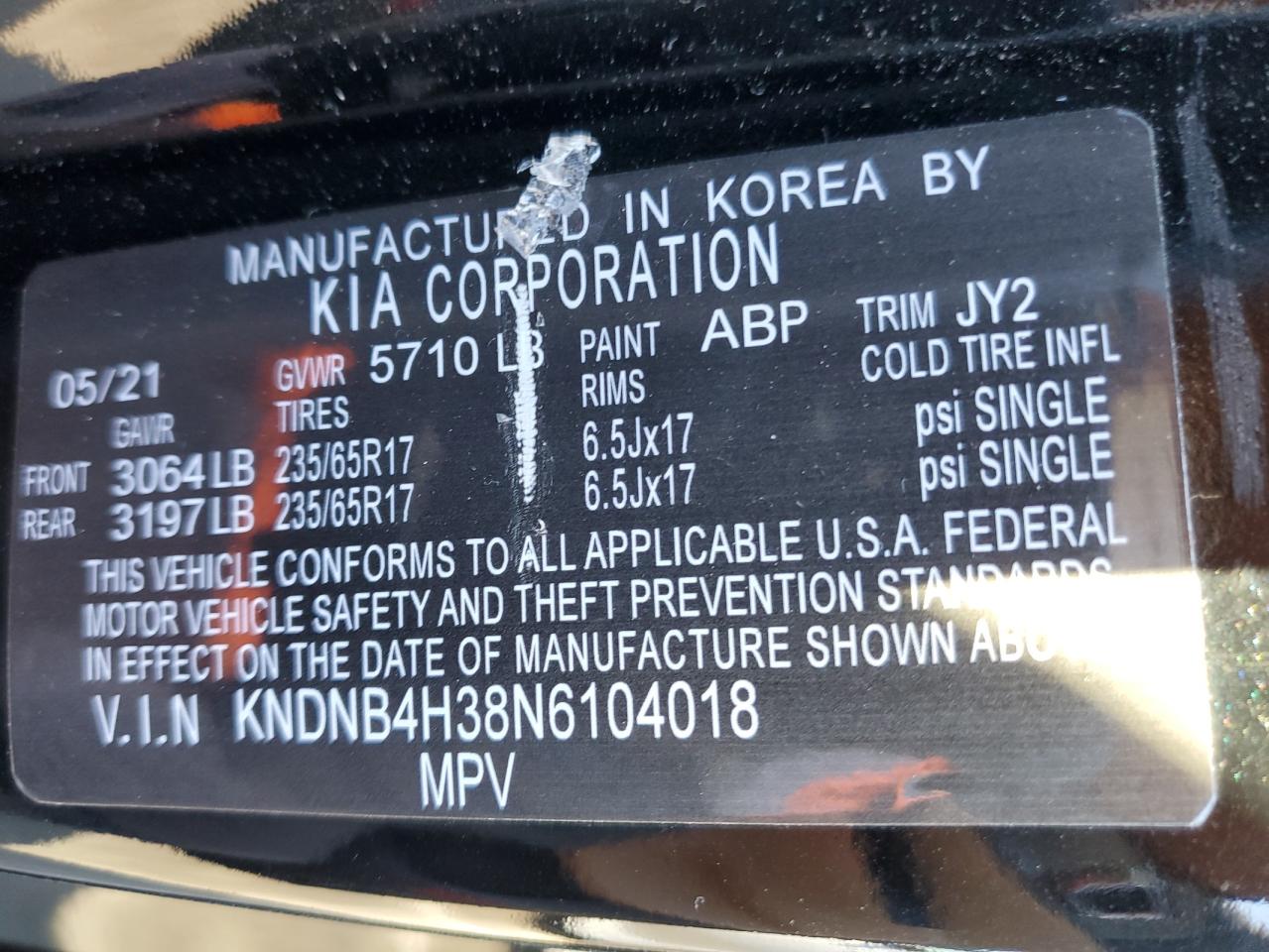 2022 KIA CARNIVAL LX VIN:KNDNB4H38N6104018