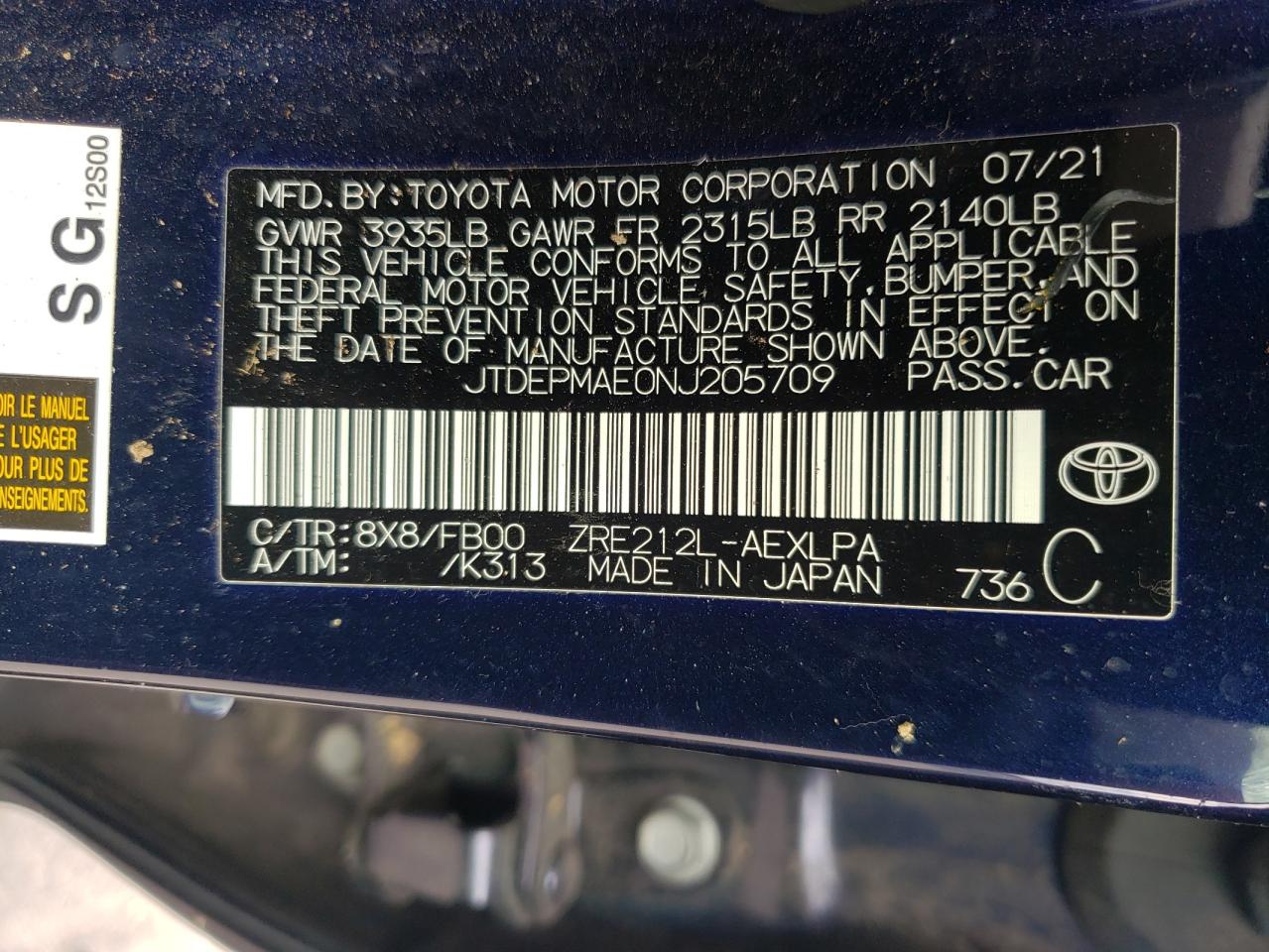 2022 TOYOTA COROLLA LE VIN:JTDEPMAE0NJ205709