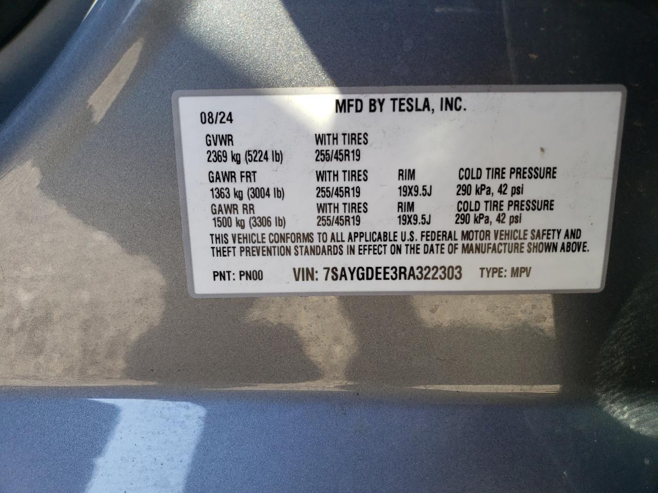 2024 TESLA MODEL Y  VIN:7SAYGDEE3RA322303