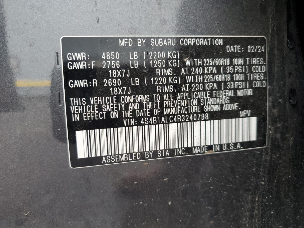 2024 SUBARU OUTBACK ONYX EDITION VIN:4S4BTALC4R3240798