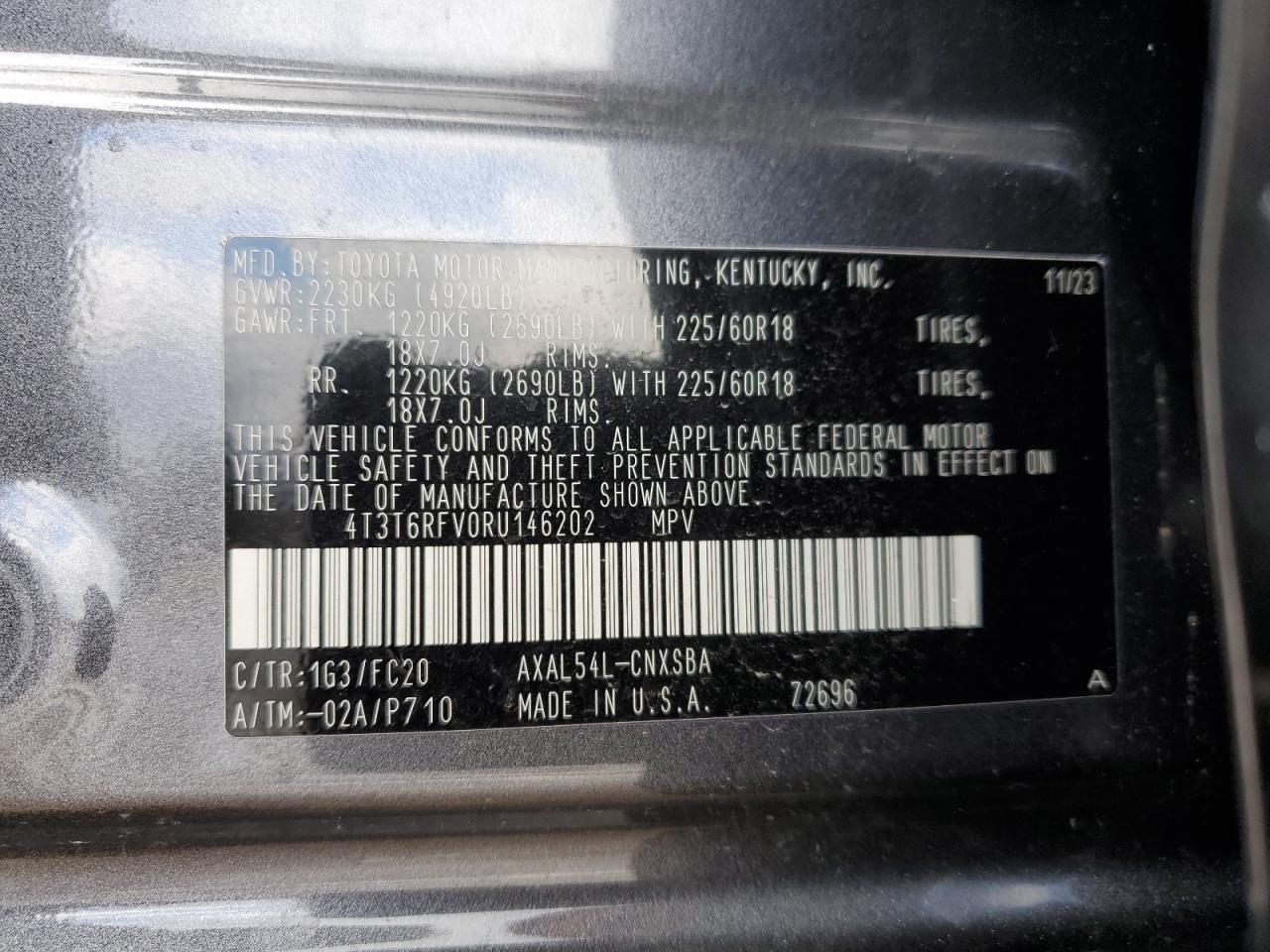 2024 TOYOTA RAV4 SE VIN:4T3T6RFV0RU146202