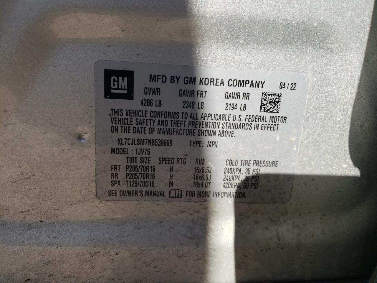 2022 CHEVROLET TRAX 1LT VIN:KL7CJLSM7NB539669