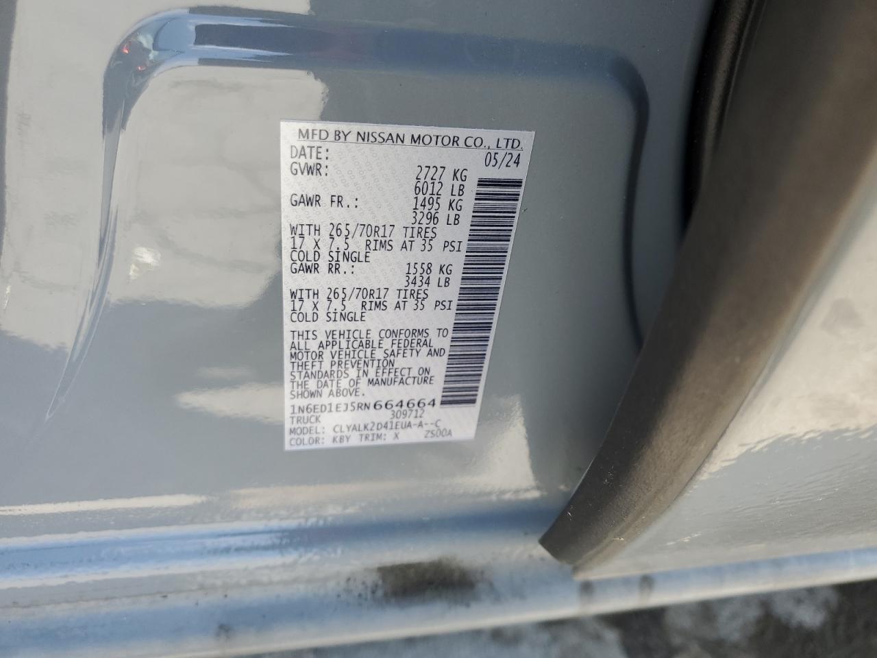 2024 NISSAN FRONTIER S VIN:1N6ED1EJ5RN664664