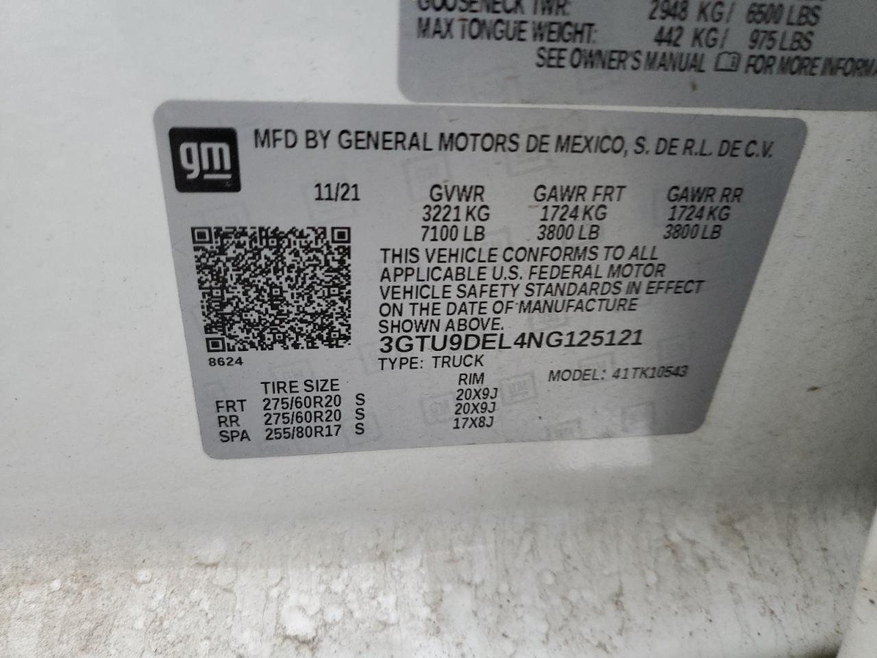 2022 GMC SIERRA LIMITED K1500 SLT VIN:3GTU9DEL4NG125121