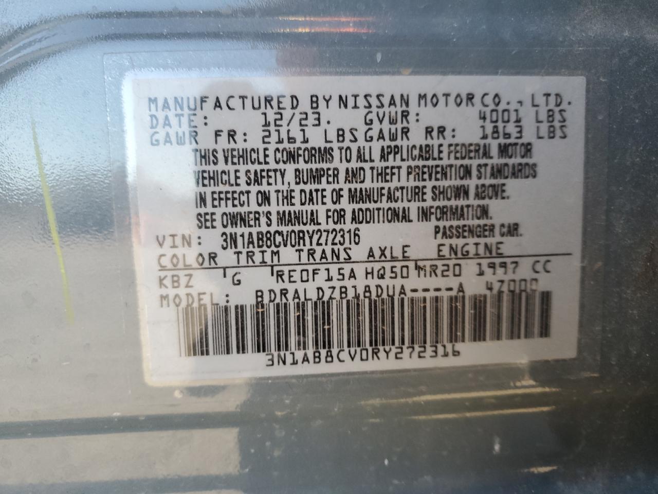 2024 NISSAN SENTRA SV VIN:3N1AB8CV0RY272316