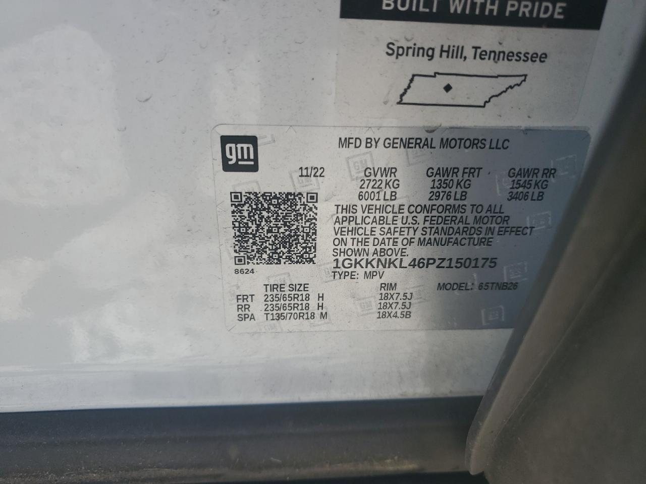 2023 GMC ACADIA SLE VIN:1GKKNKL46PZ150175