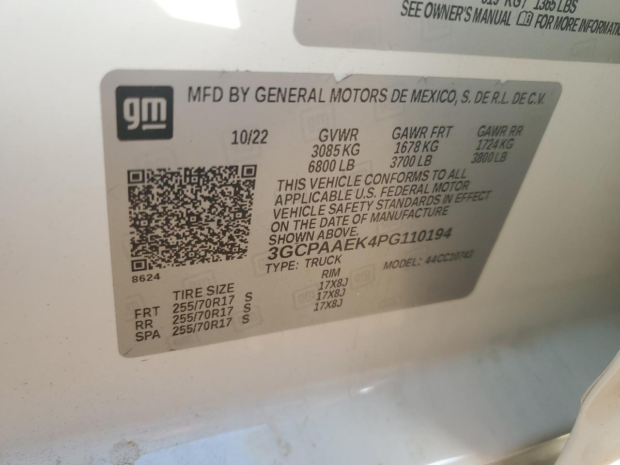 2023 CHEVROLET SILVERADO C1500 VIN:3GCPAAEK4PG110194