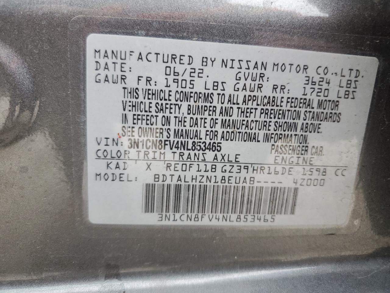 2022 NISSAN VERSA SR VIN:3N1CN8FV4NL853465