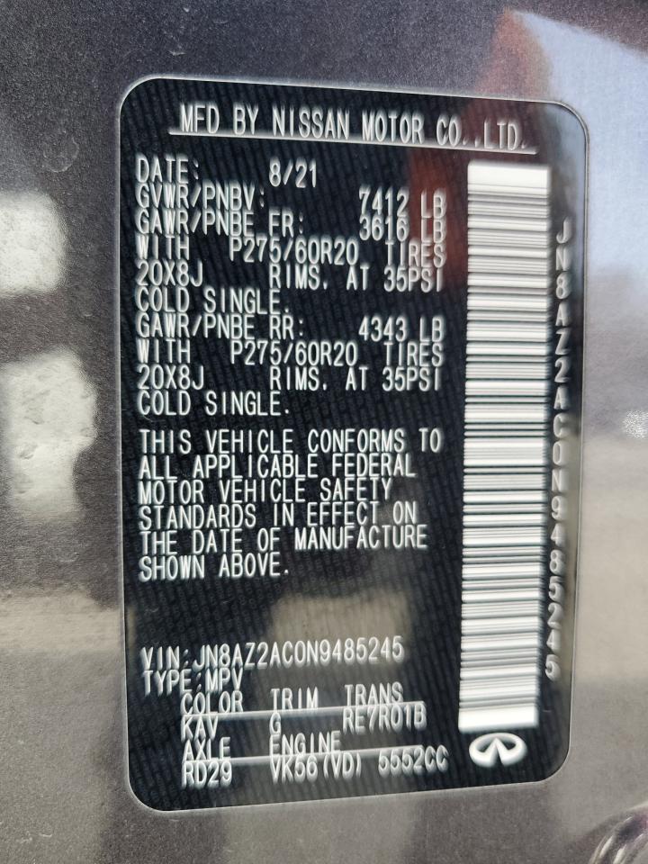 2022 INFINITI QX80 LUXE VIN:JN8AZ2AC0N9485245