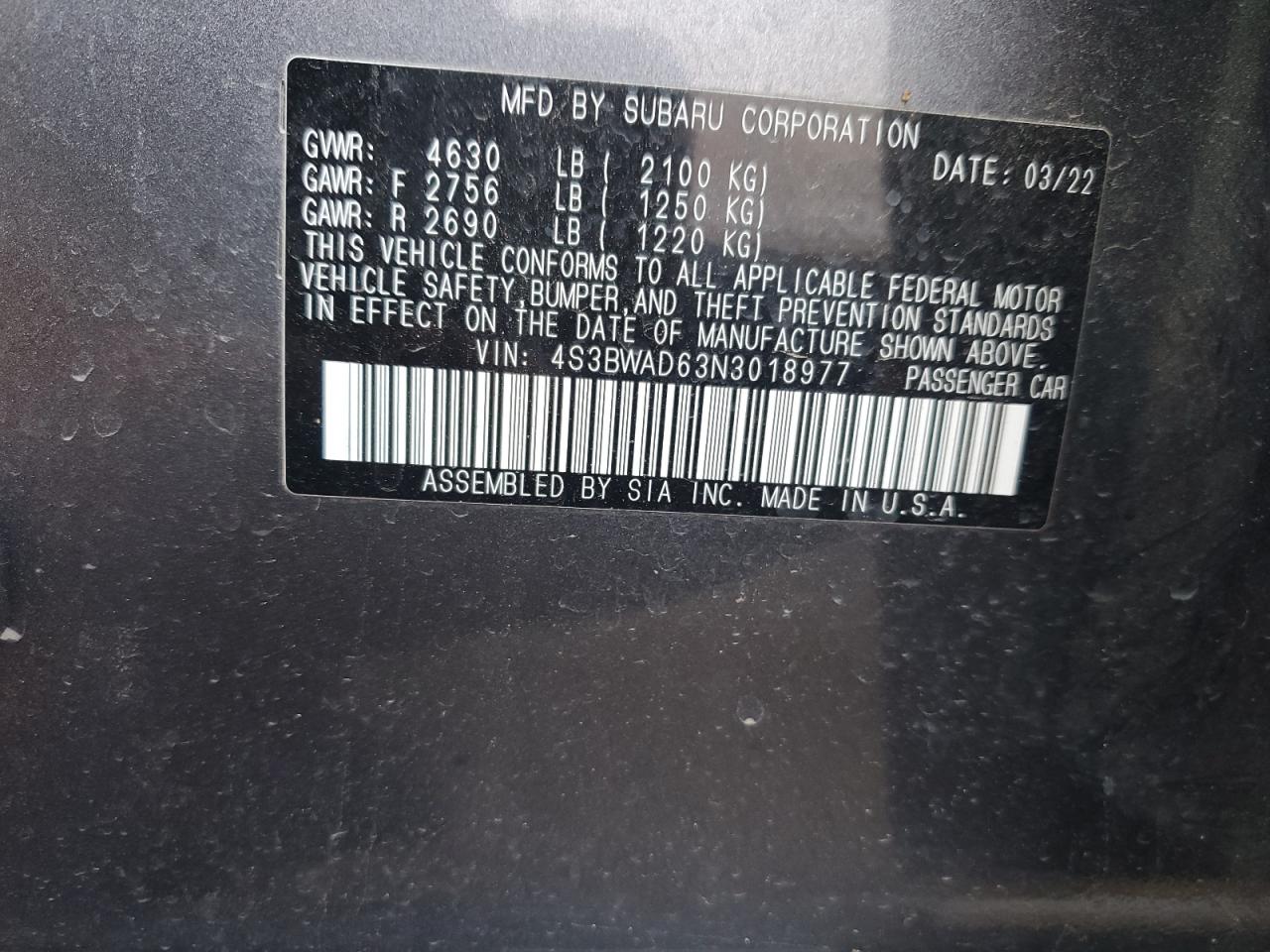 2022 SUBARU LEGACY PREMIUM VIN:4S3BWAD63N3018977