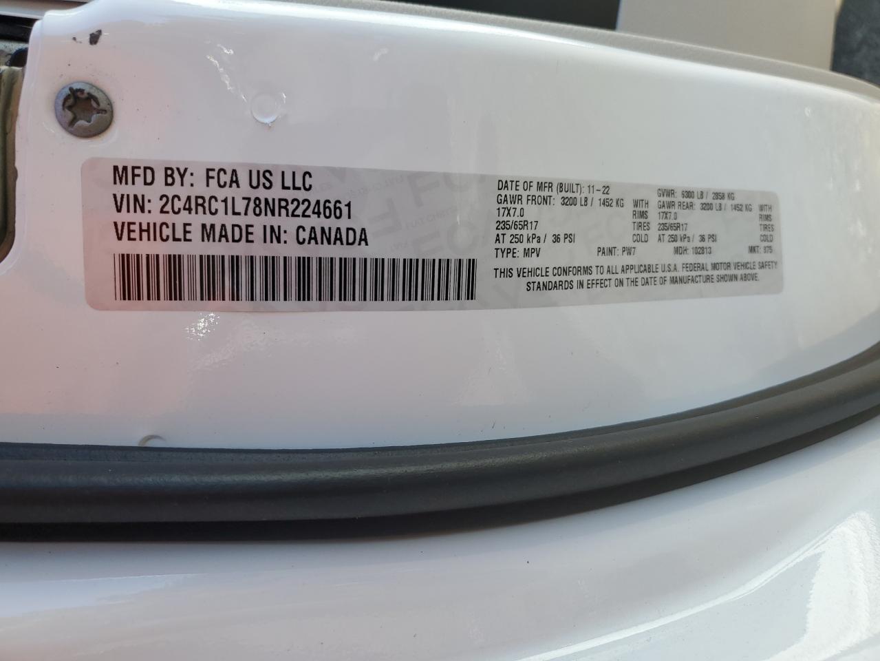 2022 CHRYSLER PACIFICA HYBRID TOURING L VIN:2C4RC1L78NR224661