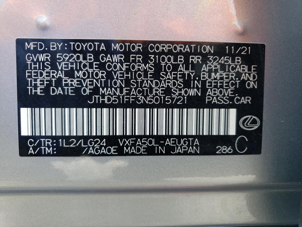 2022 LEXUS LS 500 BASE VIN:JTHD51FF3N5015721