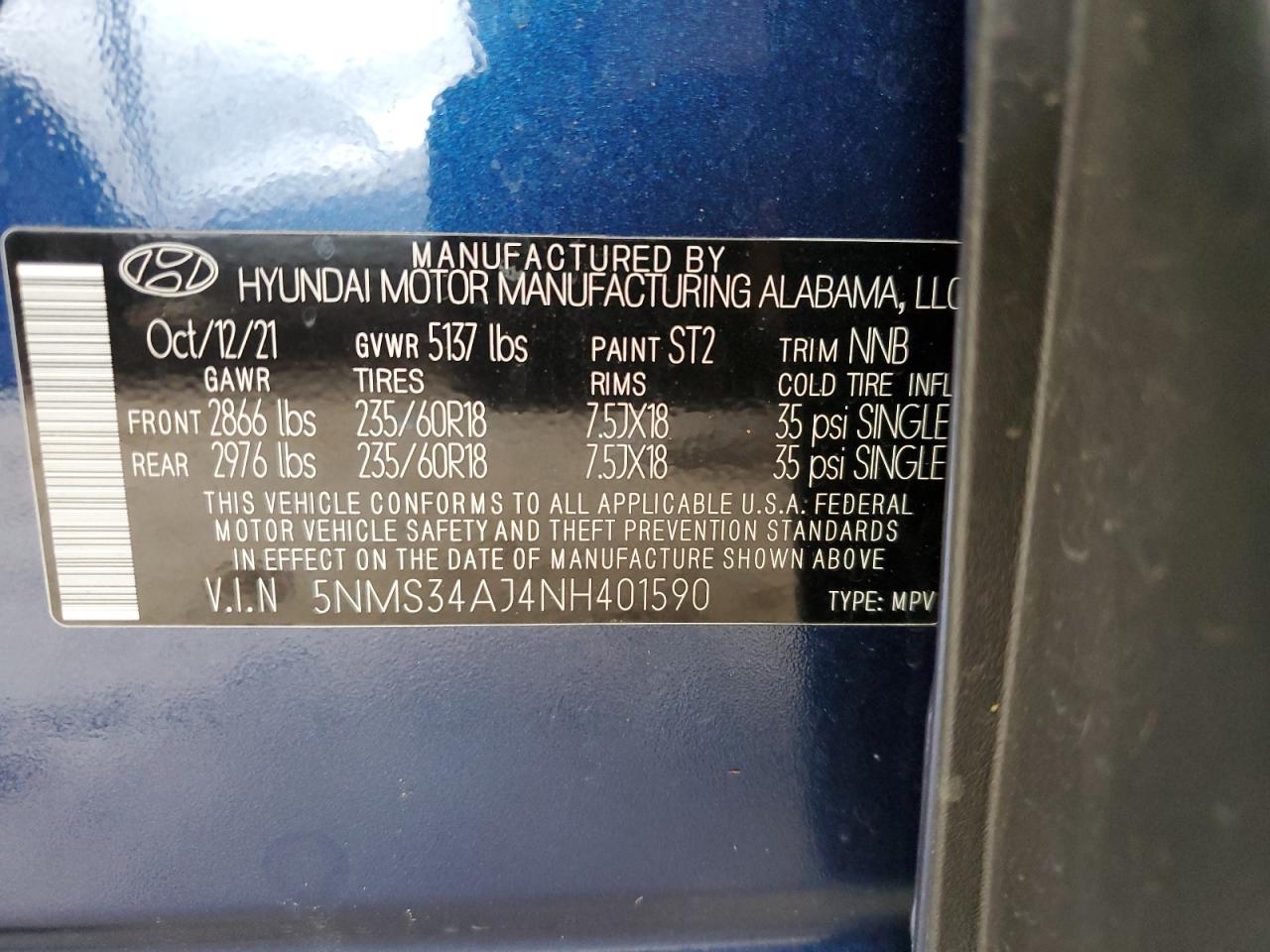 2022 HYUNDAI SANTA FE SEL VIN:5NMS34AJ4NH401590