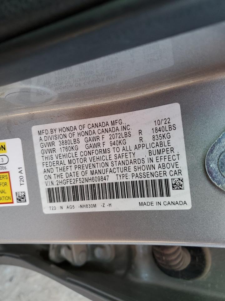 2022 HONDA CIVIC SPORT VIN:2HGFE2F52NH609847