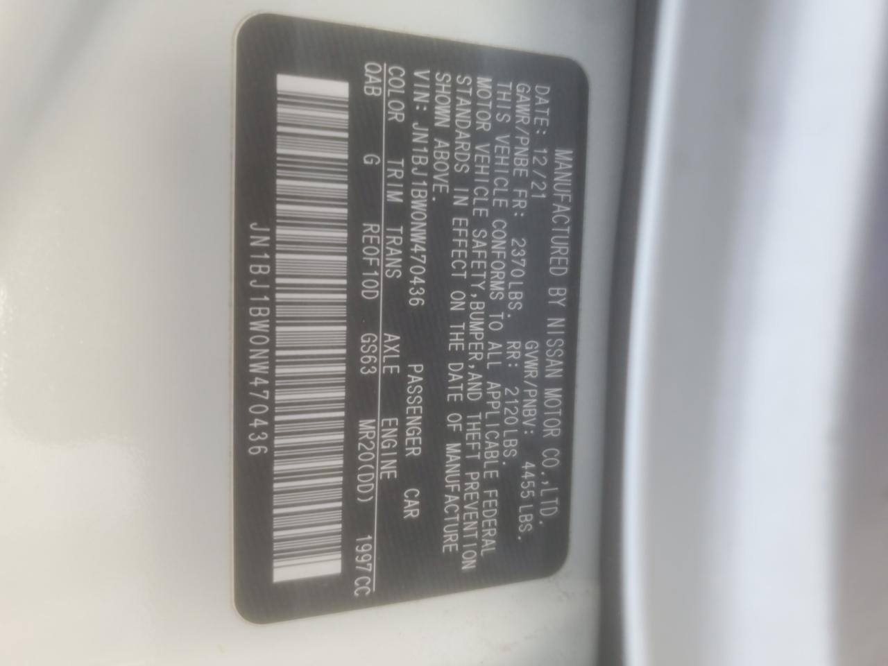 2022 NISSAN ROGUE SPORT SV VIN:JN1BJ1BW0NW470436