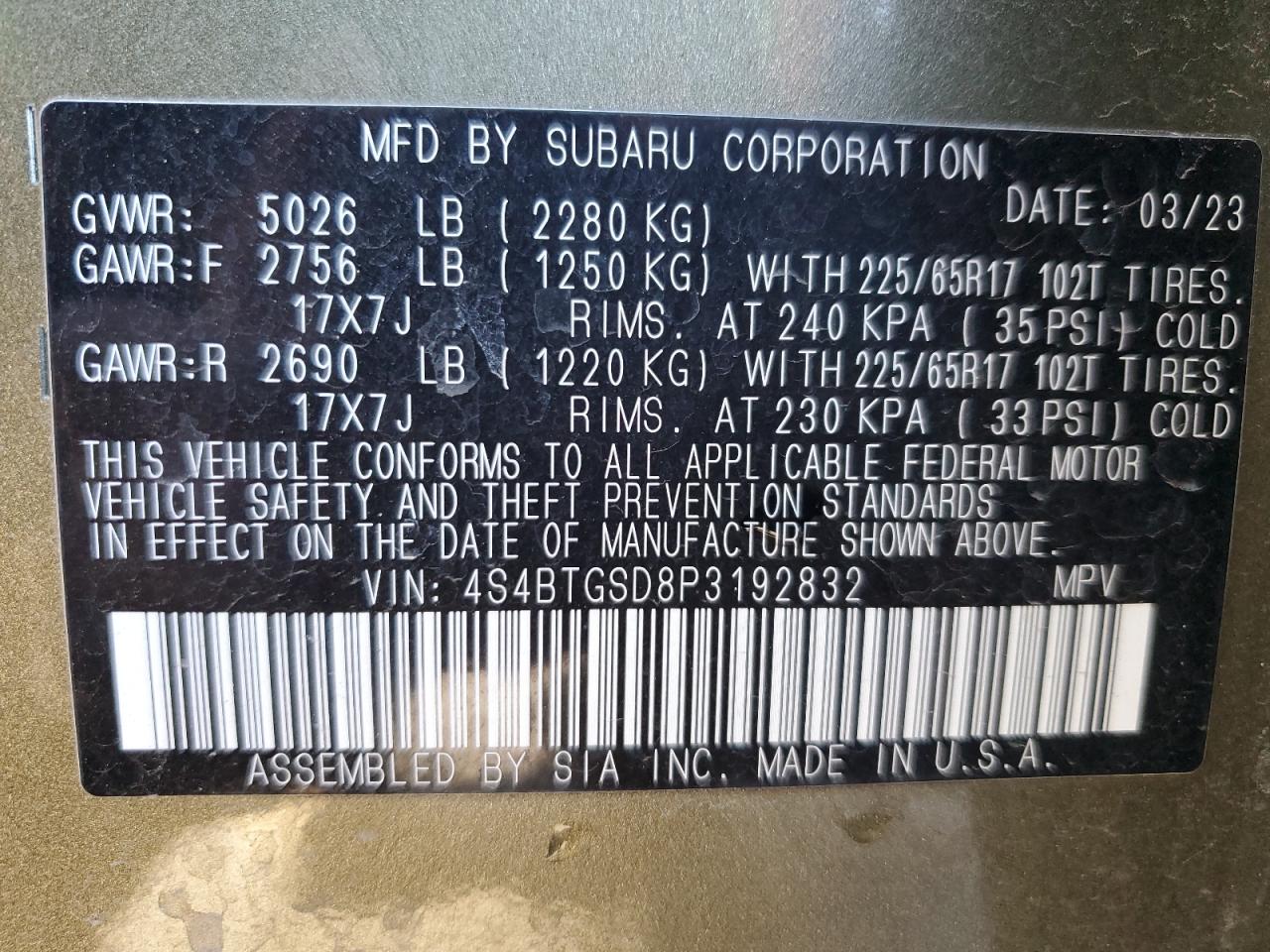 2023 SUBARU OUTBACK WILDERNESS VIN:4S4BTGSD8P3192832