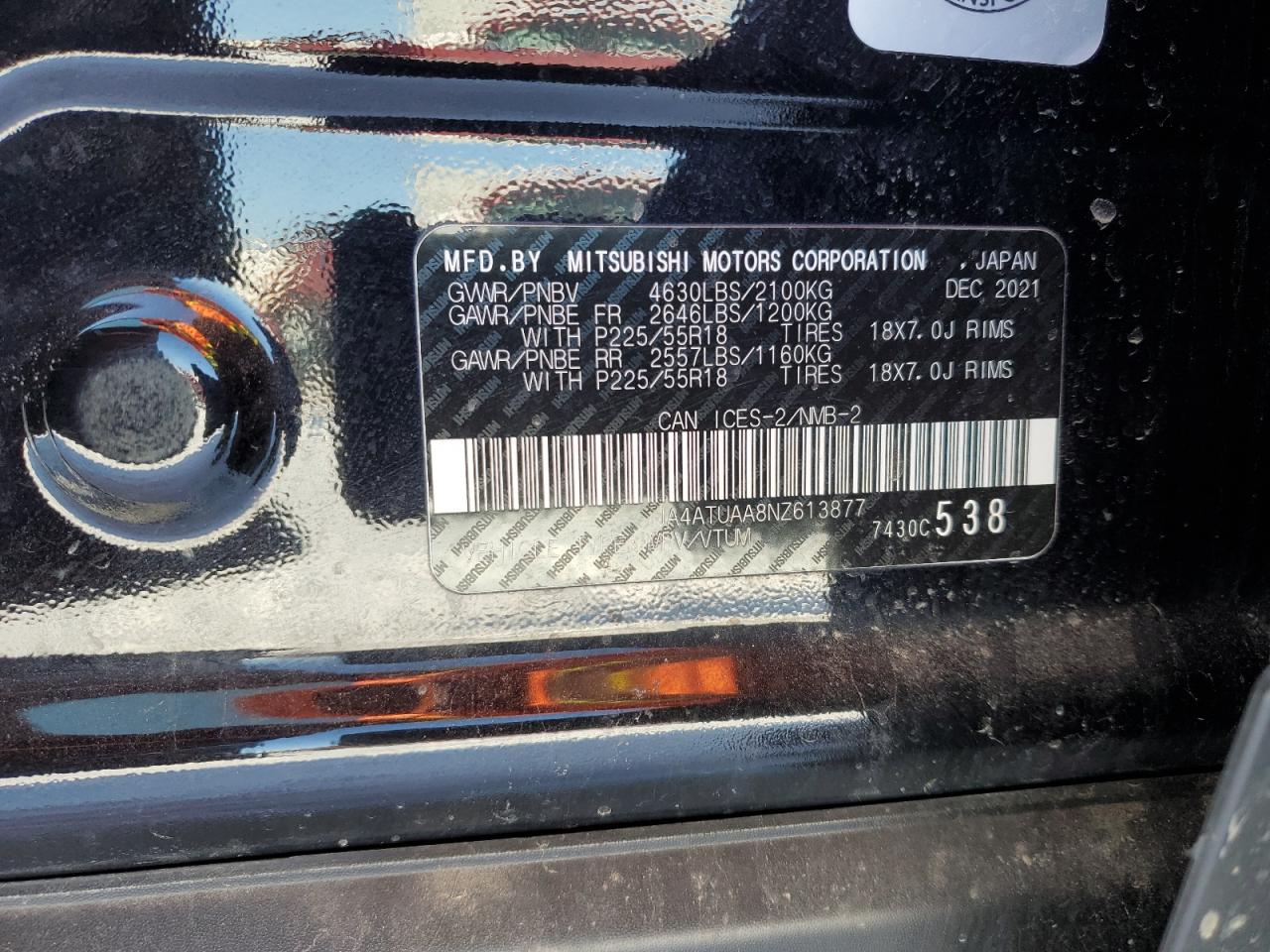 2022 MITSUBISHI ECLIPSE CROSS ES VIN:JA4ATUAA8NZ613877