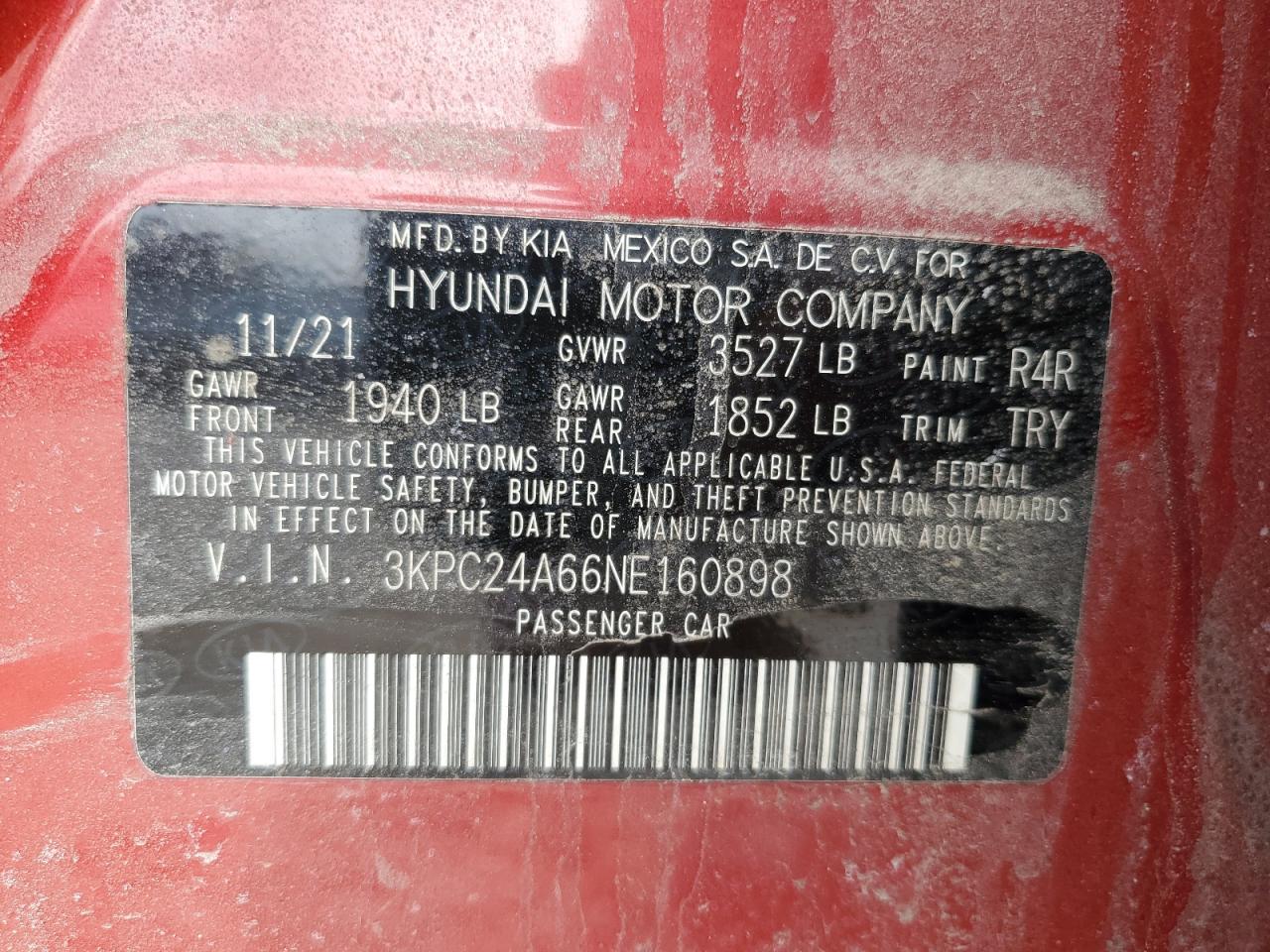 2022 HYUNDAI ACCENT SE VIN:3KPC24A66NE160898