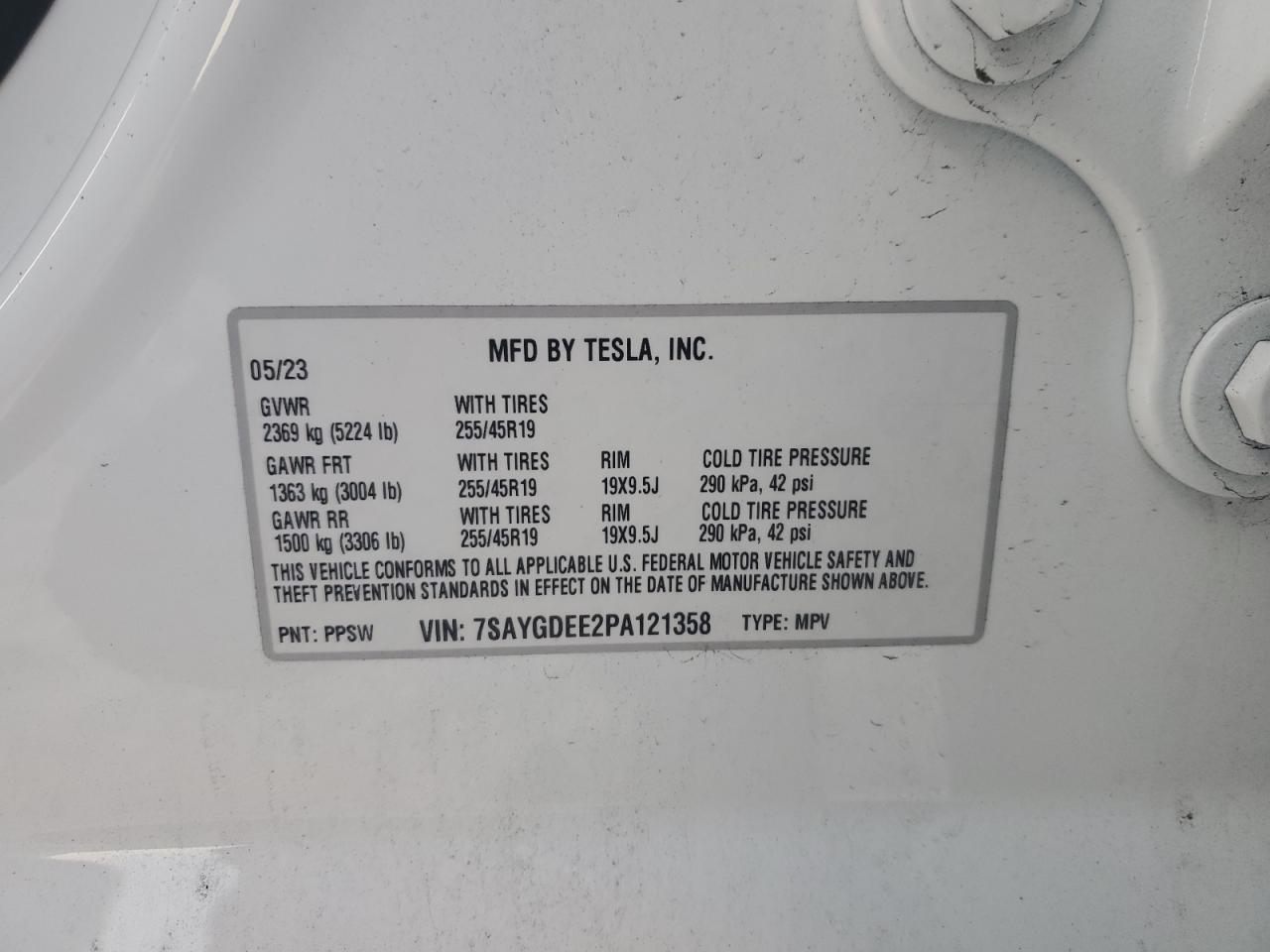2023 TESLA MODEL Y  VIN:7SAYGDEE2PA121358