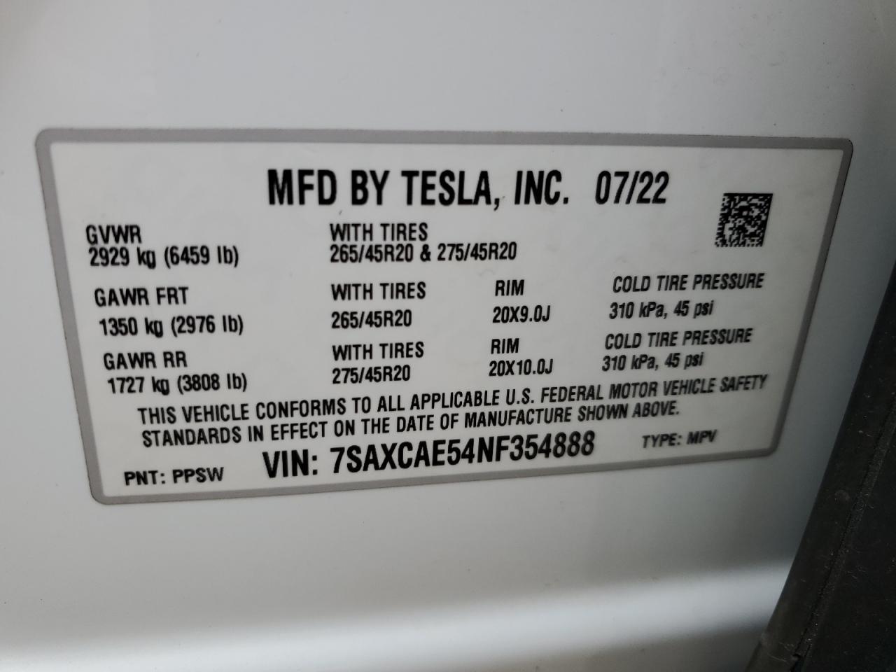2022 TESLA MODEL X  VIN:7SAXCAE54NF354888