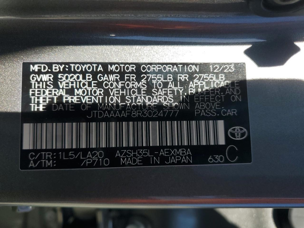 2024 TOYOTA CROWN XLE VIN:JTDAAAAF8R3024777