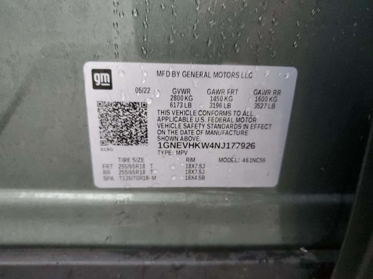 2022 CHEVROLET TRAVERSE LT VIN:1GNEVHKW4NJ177926