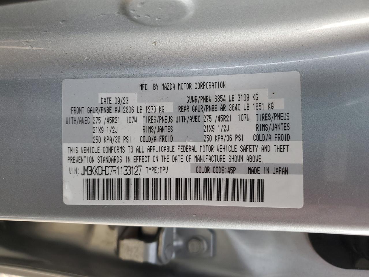 2024 MAZDA CX-90 PREMIUM VIN:JM3KKDHD7R1133127