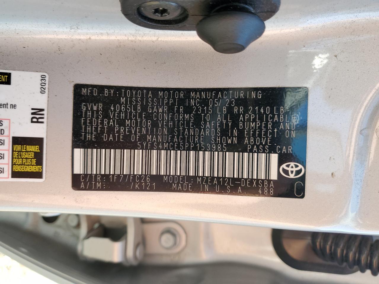 2023 TOYOTA COROLLA SE VIN:5YFS4MCE5PP153985