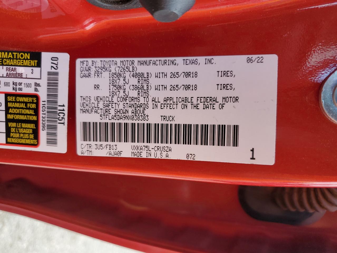 2022 TOYOTA TUNDRA DOUBLE CAB SR VIN:5TFLA5DA9NX038383