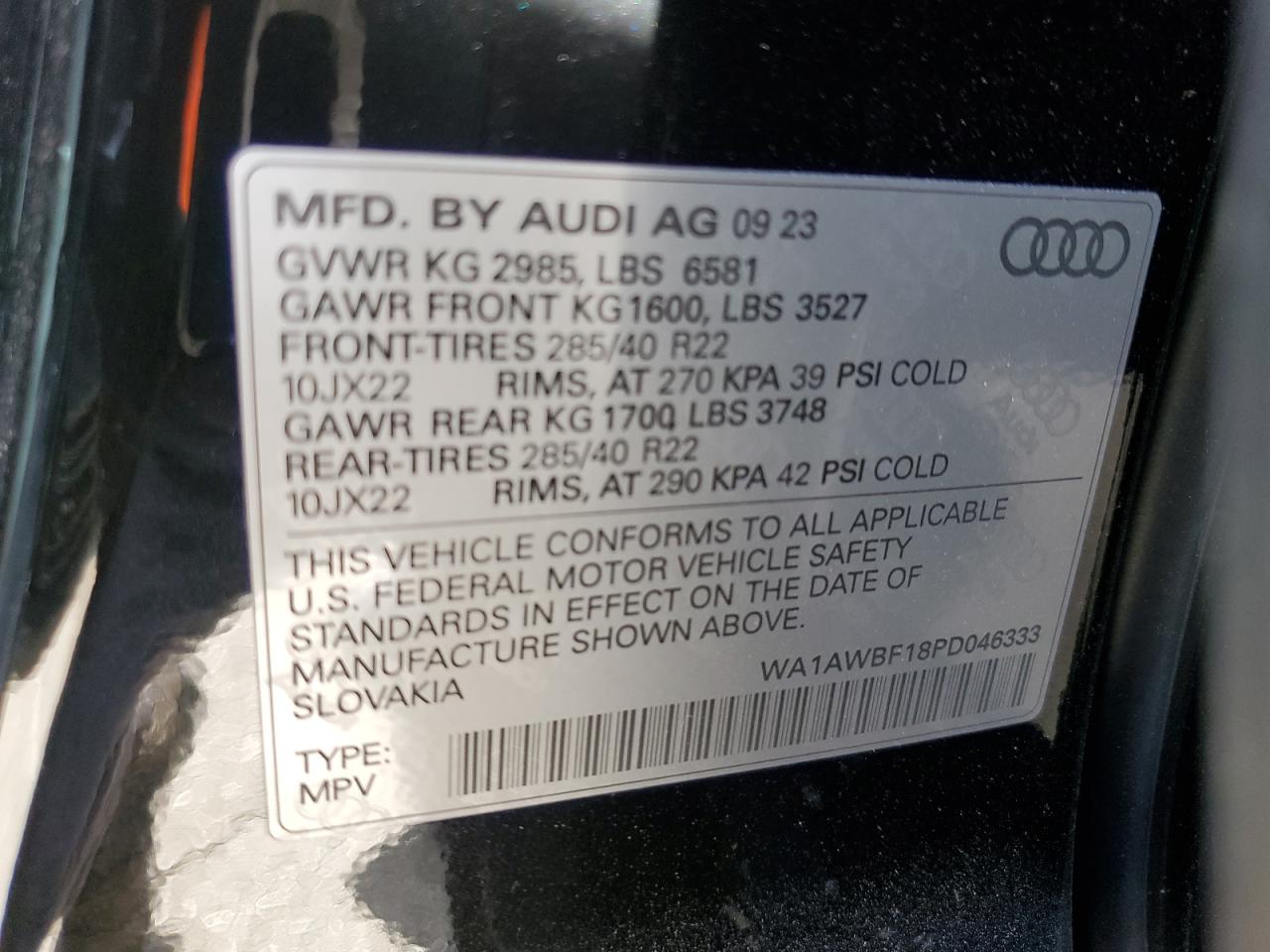 2023 AUDI SQ8 PREMIUM PLUS VIN:WA1AWBF18PD046333