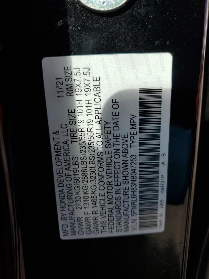 2022 HONDA ODYSSEY TOURING VIN:5FNRL6H83NB047253