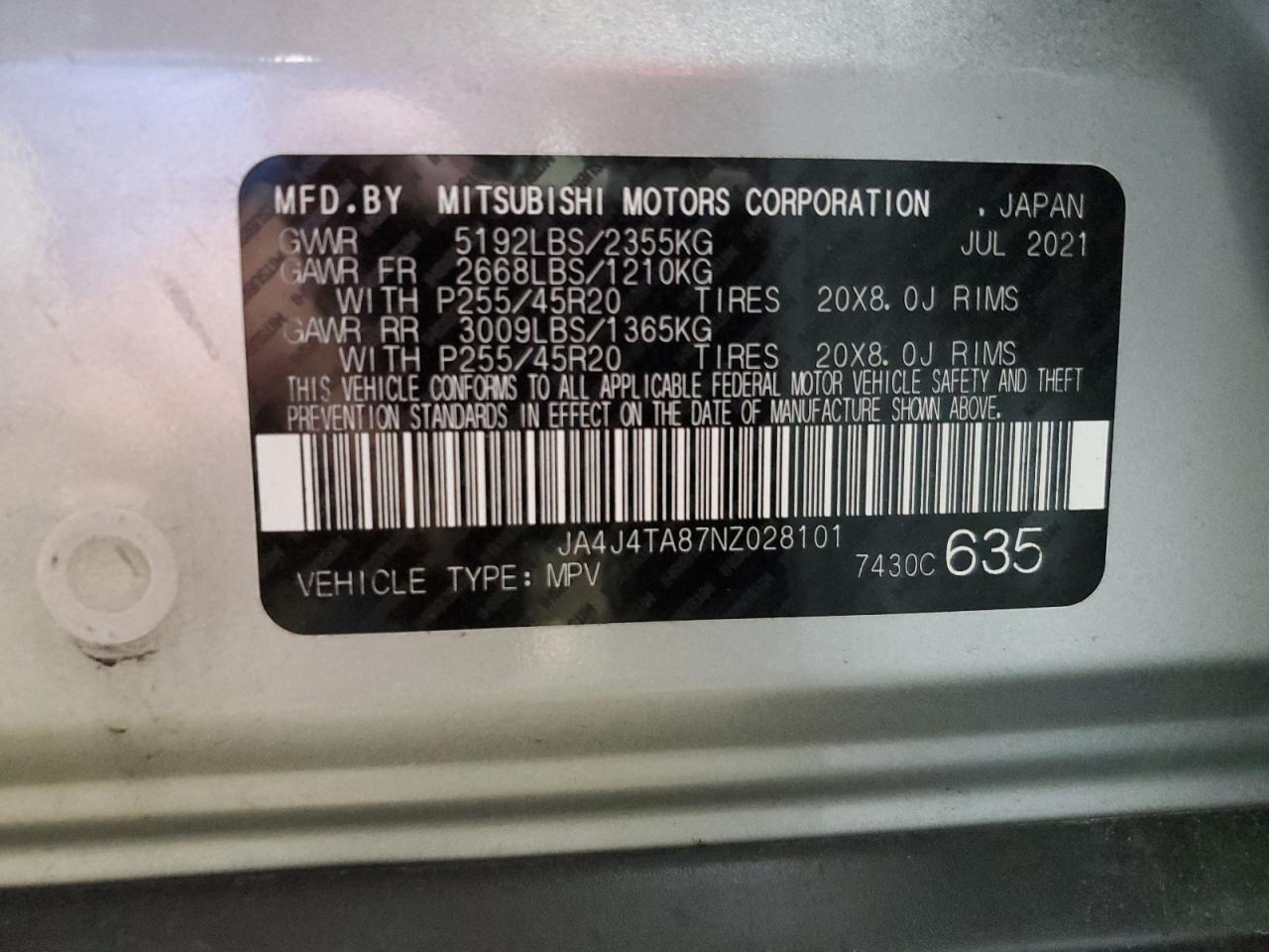 2022 MITSUBISHI OUTLANDER ES VIN:JA4J4TA87NZ028101