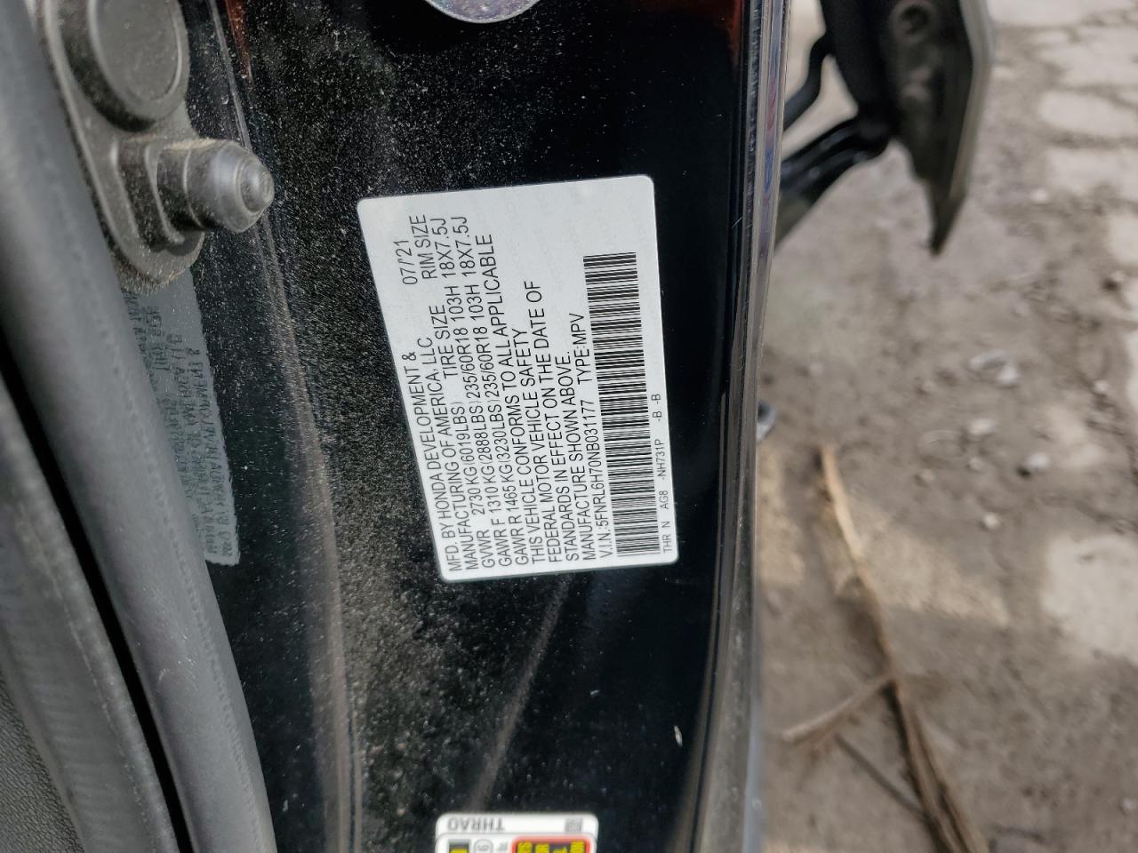 2022 HONDA ODYSSEY EXL VIN:5FNRL6H70NB031177