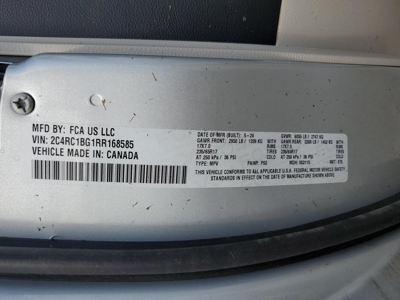 2024 CHRYSLER PACIFICA TOURING L VIN:2C4RC1BG1RR168585