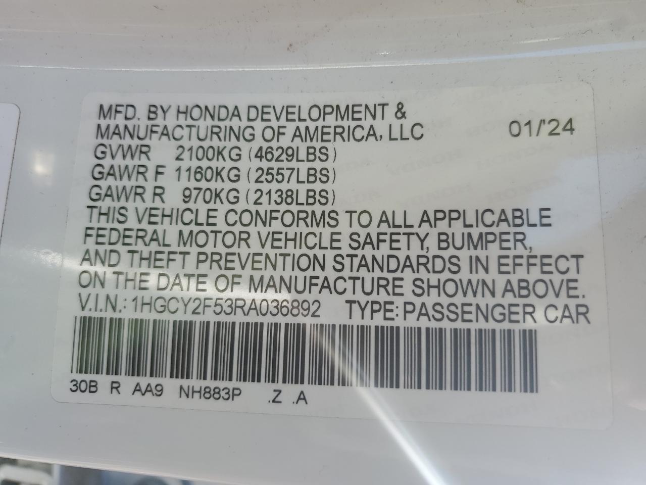 2024 HONDA ACCORD HYBRID SPORT VIN:1HGCY2F53RA036892