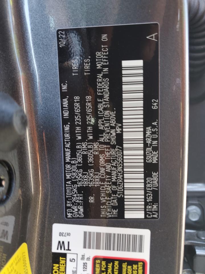 2022 TOYOTA HIGHLANDER XLE VIN:5TDGZRAH3NS560077